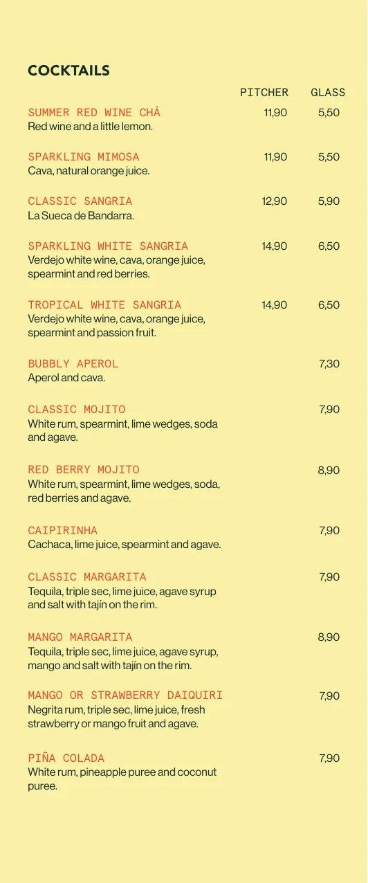 Drinks menu, page 1